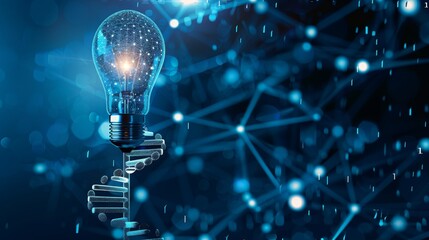 Poster - a vibrant blue and purple 3d dna molecule helix is illuminated by an abstract blue light bulb, symbo