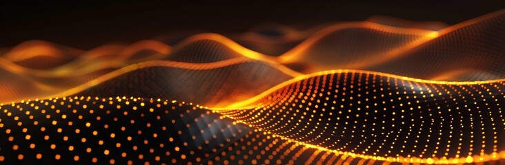 Poster - An abstract digital art piece with wavy patterns and glowing dots in warm tones. 3D simulation.