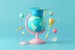 © Mark - 3D rendering of an Earth sphere, globe frame in an academic graduation cap surrounded by education elements.