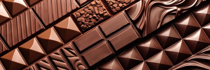 Poster - Assorted chocolate bars with different textures and patterns. Gourmet food background for dessert concepts.