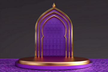 podium with purple background and golden elements, Arabic style window shape, golden arch on the top of the stage, podium for product display presentation