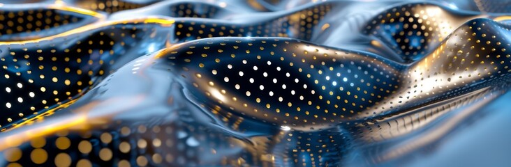 Poster - 3D rendering of abstract waves with glowing dots on a dark background