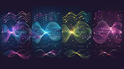 Wall Mural - On a dark background, a vector set of sound wave elements with glowing dots and vibrant colors.