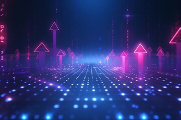 Poster - Three-dimensional rendering of neon arrows pointing upward amidst glowing nodes on a dotted digital background.