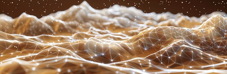 Poster - The background of this digital landscape is brown with connecting lines and dots. It is rendered in 3D.
