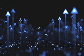 Poster - Three dimensional rendering of multiple brown arrows pointing upwards on a digital network background.