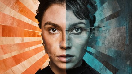 Poster - A woman with a split face and the other half is blue, AI