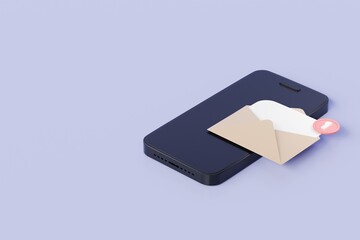 Fototapete - 3d Smartphone or mobile phone with email unread notification. New message on the smartphone screen icon isolated on purple background. Mail service, Online email newsletter concept. 3d render.