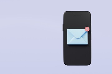 Fototapete - 3d Smartphone or mobile phone with email unread notification. New message on the smartphone screen icon isolated on purple background. Mail service, Online email newsletter concept. 3d render.