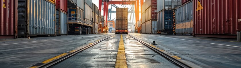 Wall Mural - Container Yard with Stacked Shipping Containers and Cargo Handling Equipment at Sunset