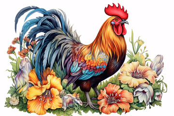 a rooster with flowers and leaves