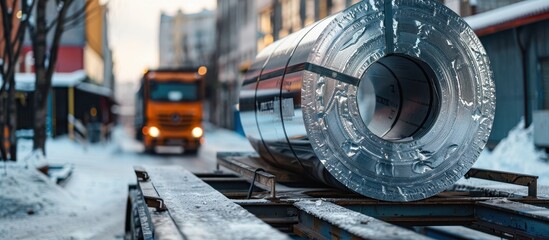 Wall Mural - Large Steel Coil on Industrial Trailer in Urban Winter Setting with Snow and Orange Truck in Background