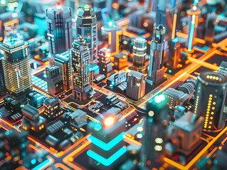 Futuristic cityscape with towering skyscrapers glowing architectural structures and a dynamic network of luminous connections representing the of technology and urban development 