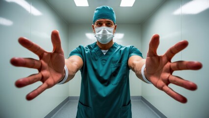 Poster - A man in a scrub suit and mask standing with his hands out, AI