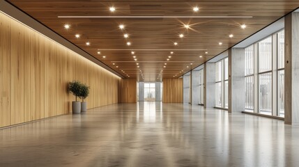 Sticker - Spacious and Bright Interior Lobby with Wooden Paneling and Recessed Lighting