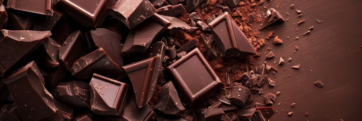 Poster - Scattered dark chocolate pieces and cocoa powder on a wooden surface. Perfect for food textures and dessert backgrounds.