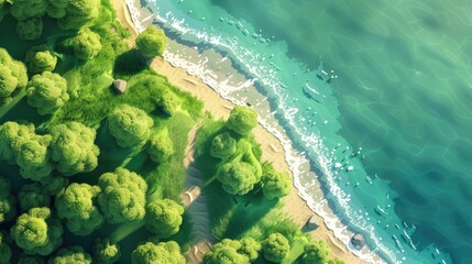 A serene beach scene with a lush green landscape and inviting waters.