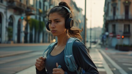 Wall Mural - A woman jogging in an urban setting, wearing headphones and a backpack.