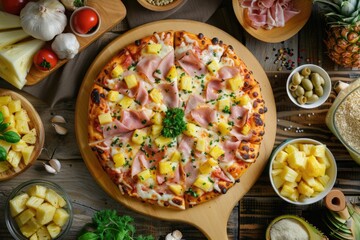 Sticker - Fresh pizza ingredients, toppings of ham and pineapple, ready to be assembled for a delicious meal.