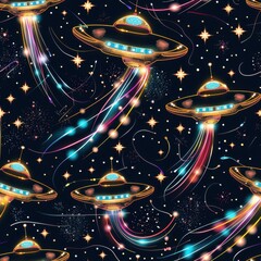 Wall Mural - Galactic UFO Patterns: Cosmic Spaceships and Stellar Backdrop