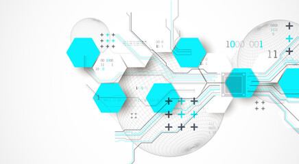 Poster - Abstract circuit board background with hexagons and sphere. Hi-tech digital technology concept. Hand drawn vector.