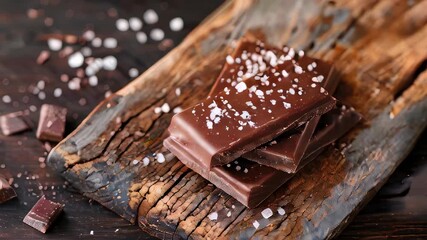 Wall Mural - Dark chocolate bar pieces topped with sea salt on rustic wood