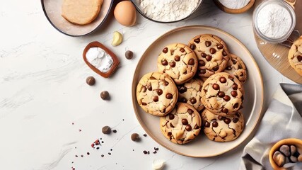 Wall Mural - Plate of chocolate chip cookies on white surface with baking ingredients around