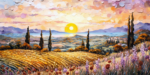 Wall Mural - Printable oil painting of lavender field at sunset