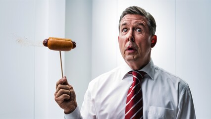 Poster - A man in a red tie holding up a hot dog on stick, AI