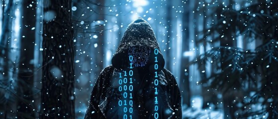 A man in a hoodie is looking at the camera in a blue background, hacker and digital code concept
