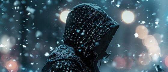 A man in a hoodie is looking at the camera in a blue background, hacker and digital code concept