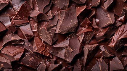 Poster - Close-up of cracked dark chocolate pieces on a glossy surface. Ideal for food backgrounds and gourmet textures.