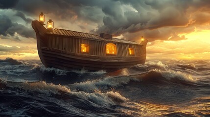 Poster - Wooden Ship Sailing Through Stormy Sea at Sunset