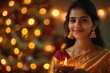 © Misbah - Beautiful woman in traditional attire holding an oil lamp, celebrating Diwali with bokeh lights in the background.