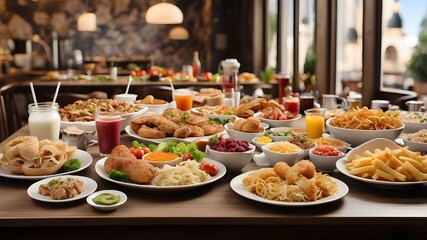 Wall Mural - Happy meal time with a full table of delectable European foods and beverages in the backdrop, surrounded by buffet food dishes.