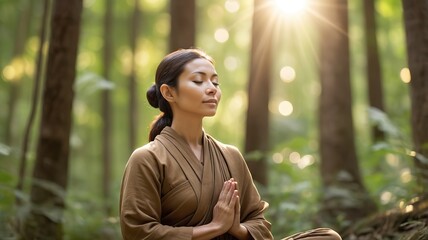 Peaceful Buddhist girl meditating, forest backdrop blurred with bokeh light effects