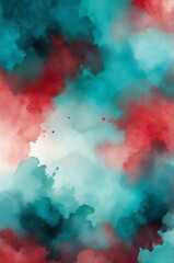 Wall Mural - red to teal grainy grunge abstract gradient painting watercolor illustration design copy space