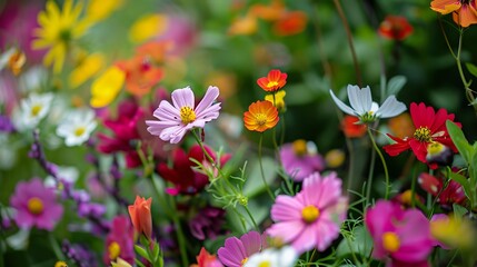 A close-up view of a garden filled with a mix of colorful flowers, capturing their delicate details and vibrant hues