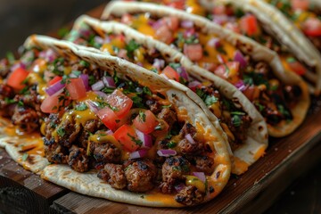 Wall Mural - Traditional mexican tacos with beef and vegetables on a wooden board