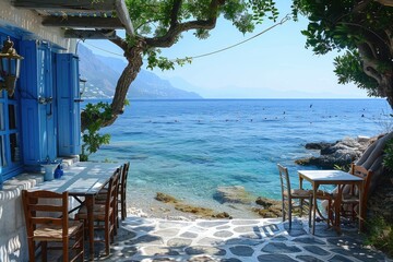 Wall Mural - Typical blue and white Greek restaurant, taverna by the sea