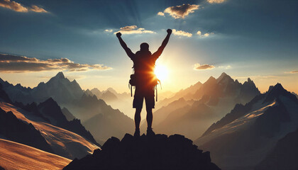 Silhouette of a man on top of a mountain peak - Concept for success