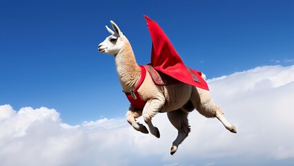 Super Llama wearing red cape flying in the sky, blue skies, sun, landscape,