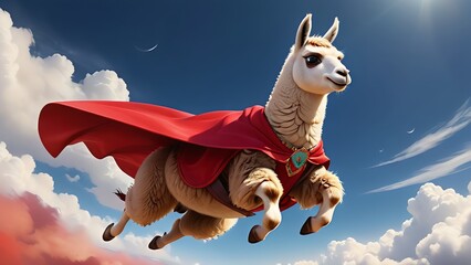 Super Llama wearing red cape flying in the sky, blue skies, sun, landscape,

animal, horse, cartoon, farm, mammal, vector, illustration, isolated, deer, white, goat, nature, animals, wild, donkey, bro