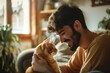 © ActionGP - Happy man smiling and bonding with his cat in a cozy home setting filled with natural light. Generated AI