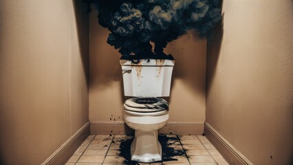 Poster - A toilet with a black substance coming out of it in the bathroom, AI