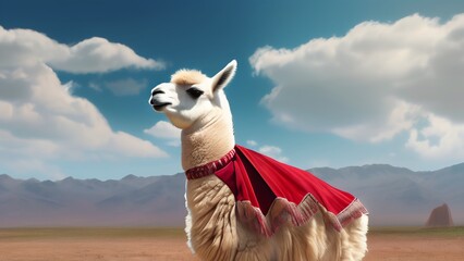 Super Llama wearing red cape flying in the sky, blue skies, sun, landscape,