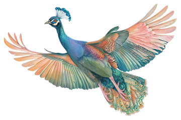 Canvas Print - PNG  Vibrant peacock in flight illustration