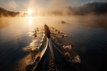 A stunning image capturing rowers paddling together at sunrise on a tranquil lake, demonstrating teamwork and harmony as they glide smoothly across the water.