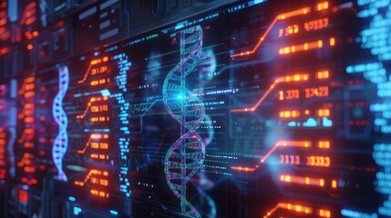 Poster - Futuristic DNA medical screen, hologram background, science data analysis, digital research interface, health technology, lab graph, 3D render