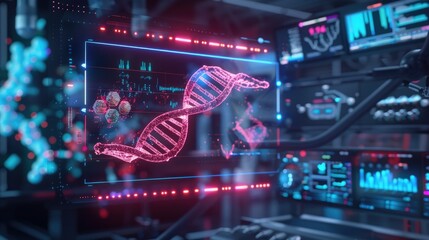 Poster - Futuristic medical screen, DNA hologram background, science data analysis, digital health interface, technology lab, 3D render